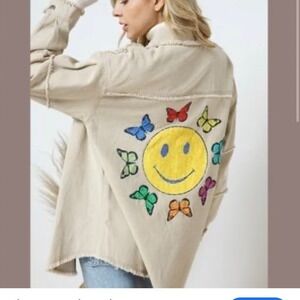 Blue B Size Small Oversized Women's Beige Jacket with Colorful Smiley Design